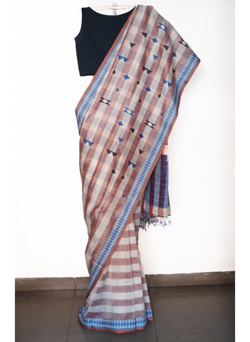 Off-white,red & blue, Handwoven Organic Cotton, Textured Weave , Jacquard, Work Wear, Saree 